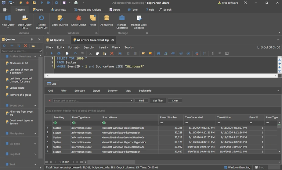 Log Parser Lizard SQL editor, result grid and visual analysis workspace